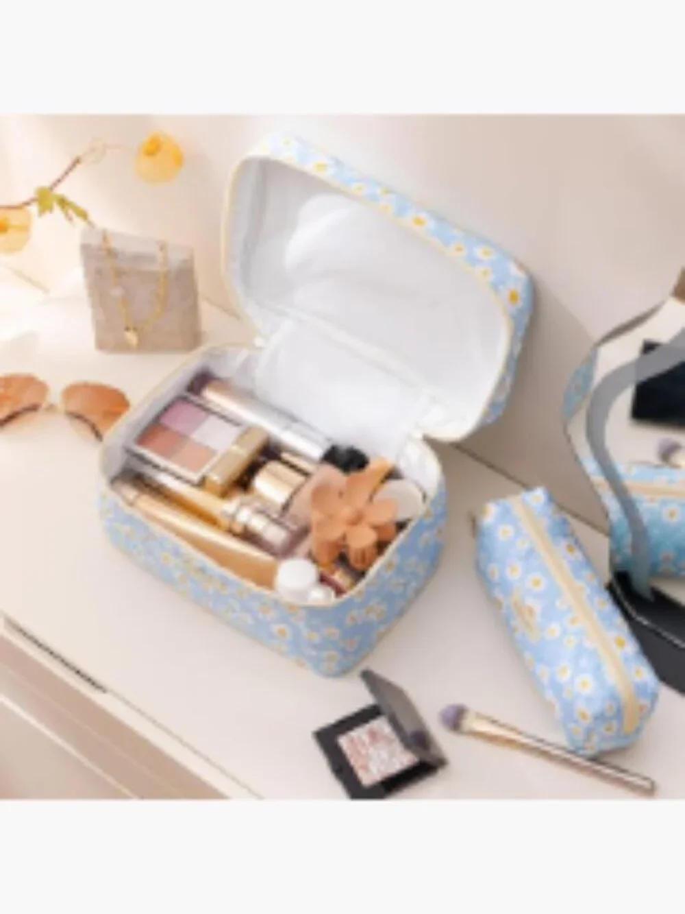 Quilted Cotton Makeup Bag Set 3pc Floral Travel Cosmetic Organizer Toiletry_2